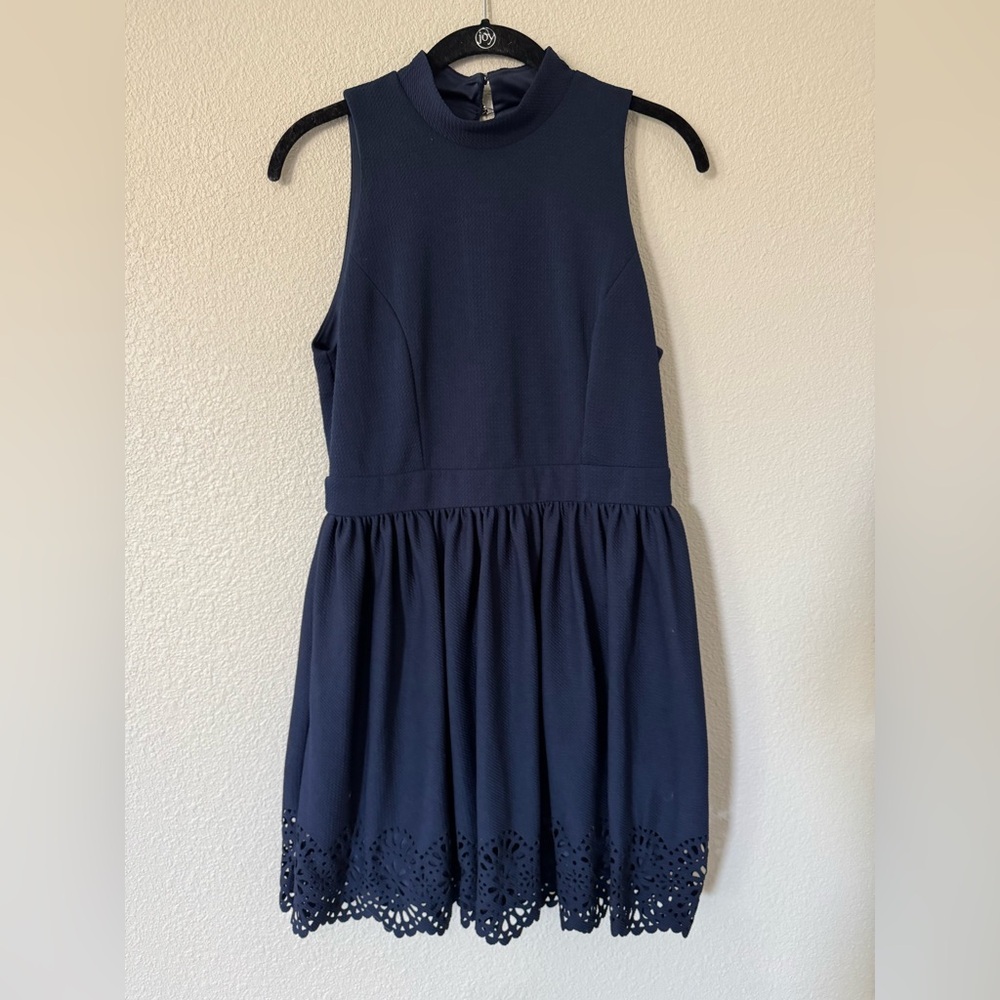 Emerald Sundae Navy Fit & Flare Dress Juniors 11 Mock Neck Eyelet Hem